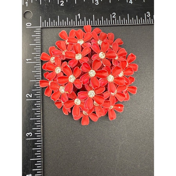 Vintage Red Enamel  Brooch Rhinestone Flower Dome - Picture 4 of 7
